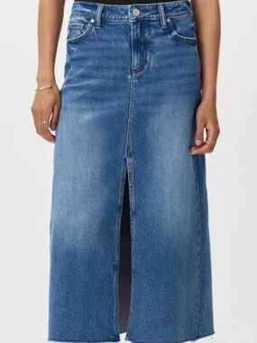 L Blue Denim Maxi Skirt with Front Slit